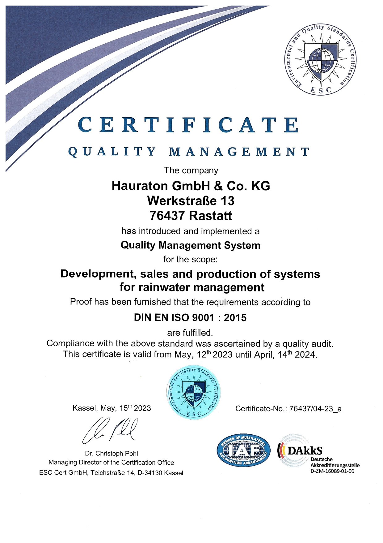 Hauraton Enviromental management certificate